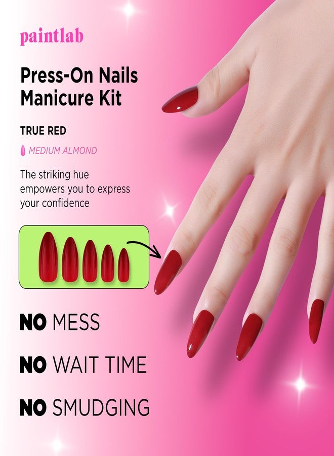 PaintLab Press-On Nails Manicure Kit, True Red, 24-Piece Set, Long-Lasting Fake Nails with Glue, File, Prep Pad & Cuticle Stick - Image 2